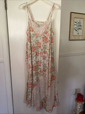 Free People Floral Lace Trim Slip Dress in Cream, Pink, Green